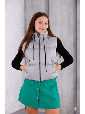 Pengora Kadın Kışlık Şişme Yelek Fermuarlı Dik Yaka Kapitoneli Bağcıklı Puff Dolgulu