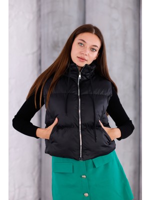 Pengora Kadın Kışlık Şişme Yelek Fermuarlı Dik Yaka Kapitoneli Bağcıklı Puff Dolgulu