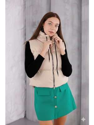 Pengora Kadın Kışlık Şişme Yelek Fermuarlı Dik Yaka Kapitoneli Bağcıklı Puff Dolgulu