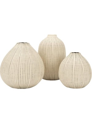 Delixa Creative Co-Op DF0842 Beyaz Taş Desenli Siyah Puantiyeli (3'lü Set) Vazo