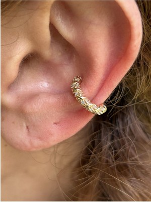 Normadia Kadın Gold Renk Taşlı Çelik Sıkıştırmalı Kıkırdak Küpe