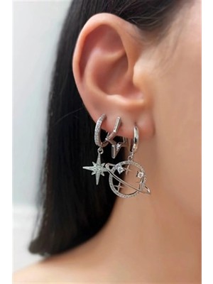 Normadia Zirkon Taşlı Satürn ve Yıldız Figürlü 3'lü Kadın Küpe Seti