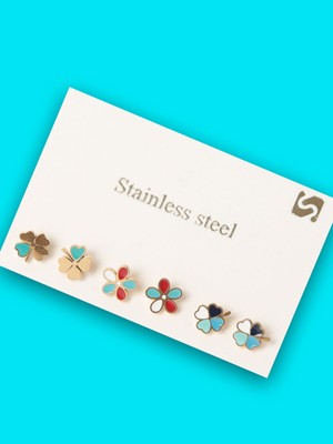 Normadia Renkli 6'lı Yonca Çelik Küpe Seti, Şıklık ve Zarafet Için Özel Tasarım