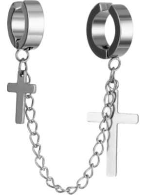Normadia Harajuku Tarzı Haç Sallantılı Cerrahi Çelik Zincirli 2'li Küpe