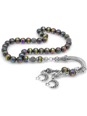 Delixa (Tesbihane) Kararmaz Metal Püsküllü Küre Kesim Multicolor Hematit Doğaltaş Tesbih