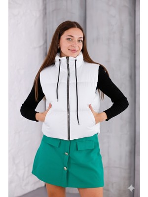 Pengora Kadın Kışlık Şişme Yelek Fermuarlı Dik Yaka Kapitoneli Bağcıklı Puff Dolgulu