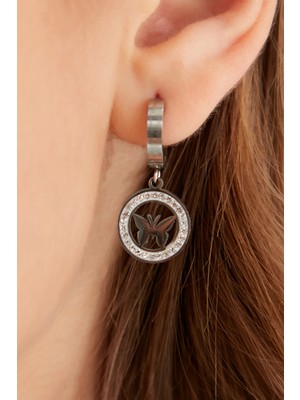 Normadia Kadın Kelebek Figürlü Yuvarlak Zirkon Taşlı Çelik Gümüş Kaplama Küpe