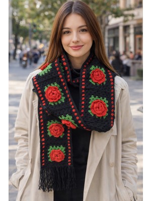 Megahan Boutique Siyah El Orgu Gul Motifli Atki Siyah Kirmizi Güllü Atki Eldiven Takim Hediyelik Sevgililer Günü Hediyesini