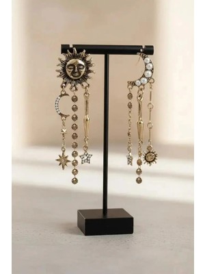 Normadia Zirkon Taşlı Güneş ve Ay Figürlü Eskitme Sallantılı Küpe