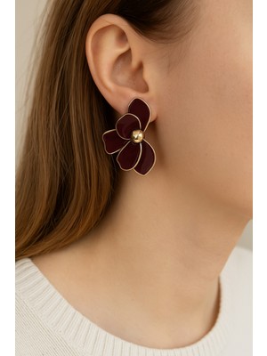 Normadia Bordo Mineli Çiçek Küpe, Antialerjik, Altın Kaplama, Şık ve Zarif Tasarım