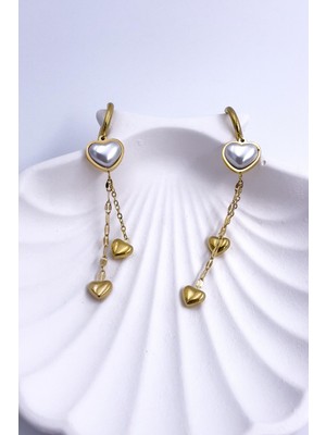 Normadia Kadın Gold Çelik Sarkıt Kalp ve Inci Detaylı Şık Küpe