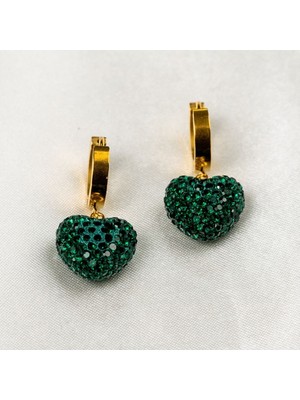 Normadia Zümrüt Yeşili Kalpli Çelik ve Zirkon Taşlı Şık Küpe Çift