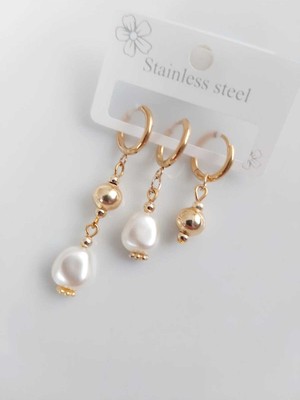 Normadia Parlak Çelik Incili Çoklu Küpe Seti, Şık ve Modern Takı Tasarımı