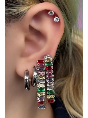 Normadia Gümüş Renk Taş Detaylı 6'lı Çelik Küpe Seti, Şıklık ve Zarafet