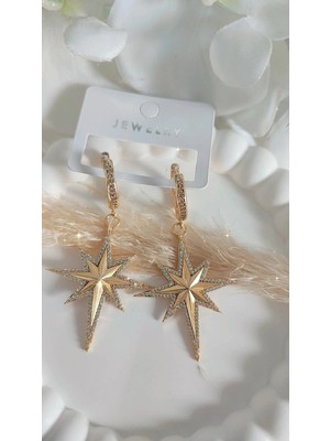 Normadia Parlak Çelik Zirkon Taş Işlemeli Kutup Yıldızı Küpe