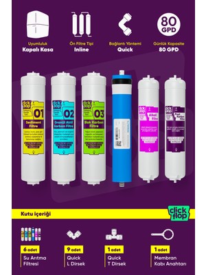 Click Flop 6'lı Su Arıtma Filtre Seti, Alkali Filtreli, Kapalı Kasa Cihazlar ile Uyumlu