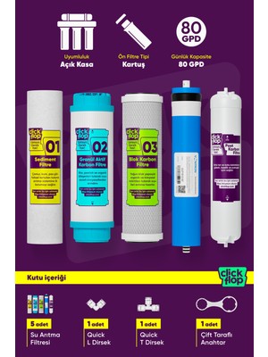 Click Flop 5'li Su Arıtma Filtre Seti, Açık Kasa Cihazlar ile Uyumlu