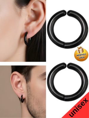 Normadia Unisex Siyah Sıkıştırmalı Halka Küpe 2'li Set, Şık ve Rahat Takım