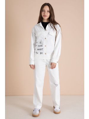 Cansın Mini Ekru Yazı Detaylı Gömlekli Kız Çocuk Pantolonlu Gabardin Takım 23566