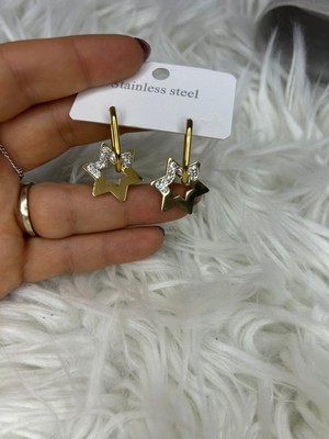 Normadia Şık Çelik Gold Taş Detaylı Sallantılı Yıldız Model Küpe