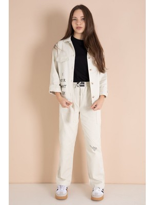 Cansın Mini Bej Yazı Detaylı Gömlekli Kız Çocuk Pantolonlu Gabardin Takım 23565