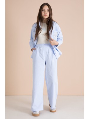 Cansın Mini Mavi Nakışlı Gömlekli Badili Kız Çocuk 3lü Pantolonlu Takım 23561