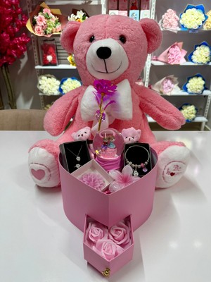 Ayı Evreni Büyük Peluş Ayılı Romantik Hediye Kutusu Pembe| Pembe Kutu | Kar Küresi, Çelik Takı Seti, Peluş Ayıcık | Sevgiliye, Anneye, Doğum Günü, 14 Şubat, Yıldönümü