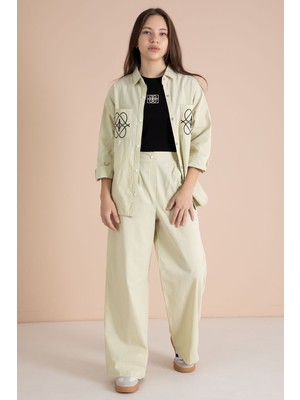 Cansın Mini Yeşil Nakışlı Gömlekli Badili Kız Çocuk 3lü Pantolonlu Takım 23560