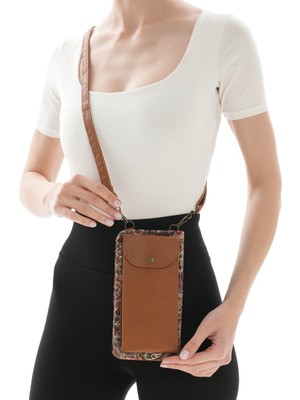 Iran Işi El Yapımı Etnik Desenli Kahverengi Askılı Telefon Bölmeli Küçük Boy Cüzdan Çanta