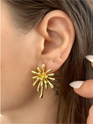 Normadia 14K Altın Kaplama Gold Renk Çiçek Küpe, Şık Takı