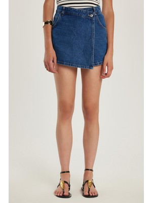 Tudors Kadın Slim Fit Dar Kesim Çift Cepli Açık Koyu Mavi Şort Etek