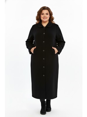 Laden Triko Büyük Beden Tesettür Orta Kalın Çelik Örgü Anne Siyah Uzun Hırka Pardösü