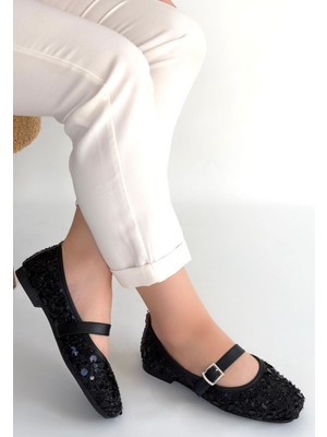 Kendim Fashion Zaty Siyah Süet Siyah Pullu Babet Ayakkabı