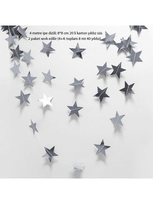 Pandoli 20 Adet Gümüş Renk Sıralı Yıldızlar Kağıt Asma Sarkıt Süs Dizisi 4 Metre 2 Adet Ramazan Yılbaşı Retro