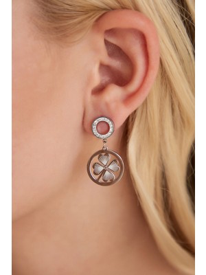 Normadia Kadın Yuvarlak Yonca Figürlü Zirkon Taşlı Gümüş Kaplama Küpe