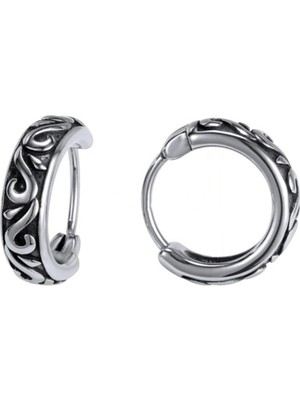 Normadia Vintage Tribal Oval Çelik Erkek Küpe Çift Halka Geçirmeli