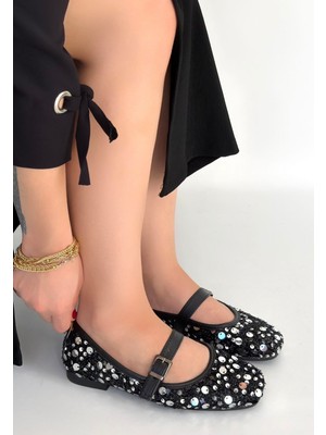 Kendim Fashion Zaty Siyah Süet Gümüş Pullu Babet Ayakkabı