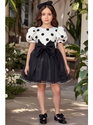 Riccotarz Kız Çocuk Beli Fiyonk ve Üzeri Puantiye Detaylı Balon Kollu Siyah Kabarık Abiye