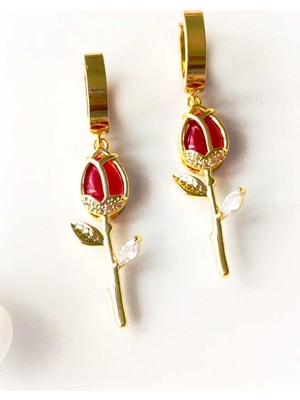 Normadia Şık Kırmızı Altın Kaplama Gül Desenli Çelik Küpe, Zirkon Taşlı, Hediye Paketi