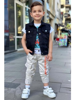 Riccotarz Erkek Çocuk Digital Kaplan Baskılı T-Shirt Sırt Baskılı Sıfır Siyah Jean Ceket Alt Üst Takım