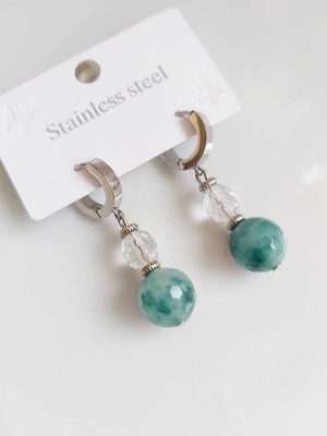 Normadia Doğal Yeşil Akik ve Kristal Kuvars Taşlı Çelik Küpe