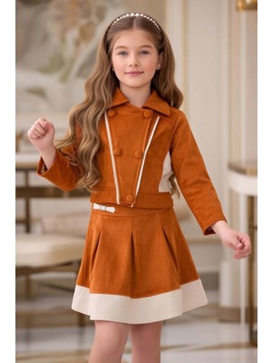 Riccotarz Kız Çocuk Şerit Detaylı Gömlek Yaka Ceket Beli Manşetli Piliseli Süet Taba Etekli Takım