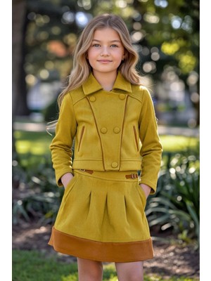 Riccotarz Kız Çocuk Şerit Detaylı Gömlek Yaka Ceket Beli Manşetli Piliseli Süet Hardal Etekli Takım