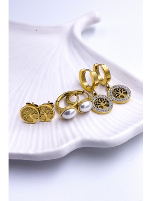 Normadia Şık 6'lı Kadın Gold Inci ve Halka Detaylı Küpe Seti
