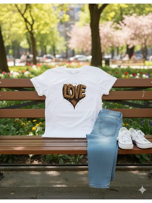 Texrium Leopar Kalp Baskılı %100 Pamuklu Siyah Beyaz T-Shirt
