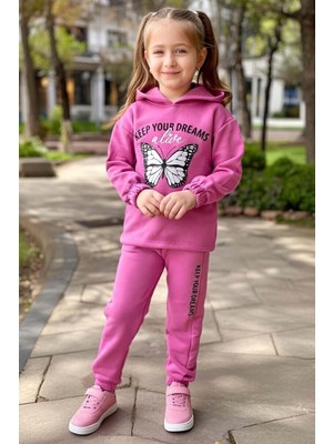 Riccotarz Kız Çocuk Üzeri Kara Kalem Kelebek Baskı ve Yazı Detaylı Sweat Paçası Lastikli Mor Eşofman Takım