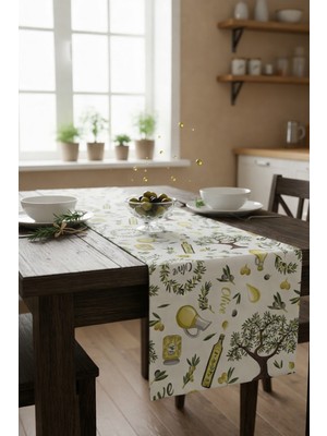 Rona Home Zeytin Desenli Dijital Baskılı Leke Tutmaz Kaliteli Kumaş Masa Örtüsü Runner Ranır Mutfak Runner