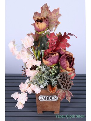 Yapay Çiçek Sitesi Dekoratif Saksıda Yapay Çiçekli Sonbahar Aranjmanı 55 cm