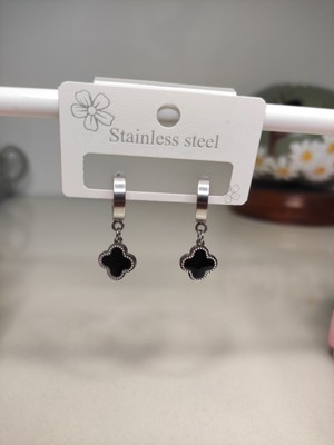 Normadia Siyah Yonca Zirkon Taşlı Gümüş Renk Çelik Küpe