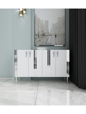 Morepp Pars 120 cm Konsol, Tv Ünitesi, Çok Amaçlı Dolap Beyaz-Gümüş